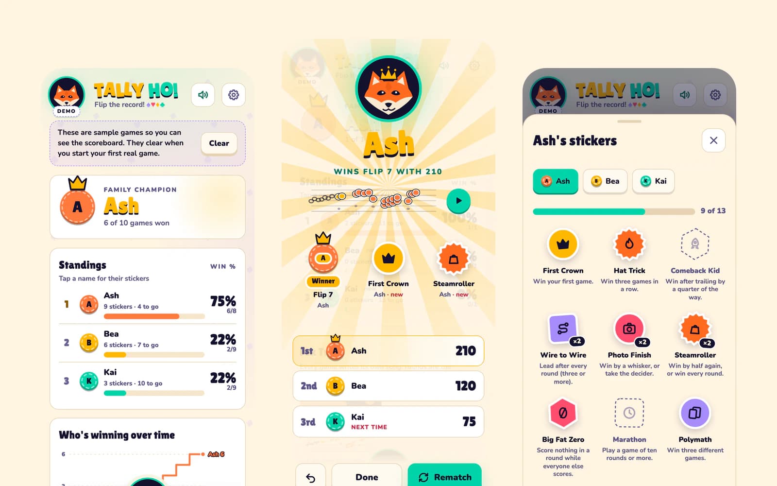 Three phone screens of Tally Ho!: the family scoreboard, a victory with a crowned fox, and a player's sticker book.