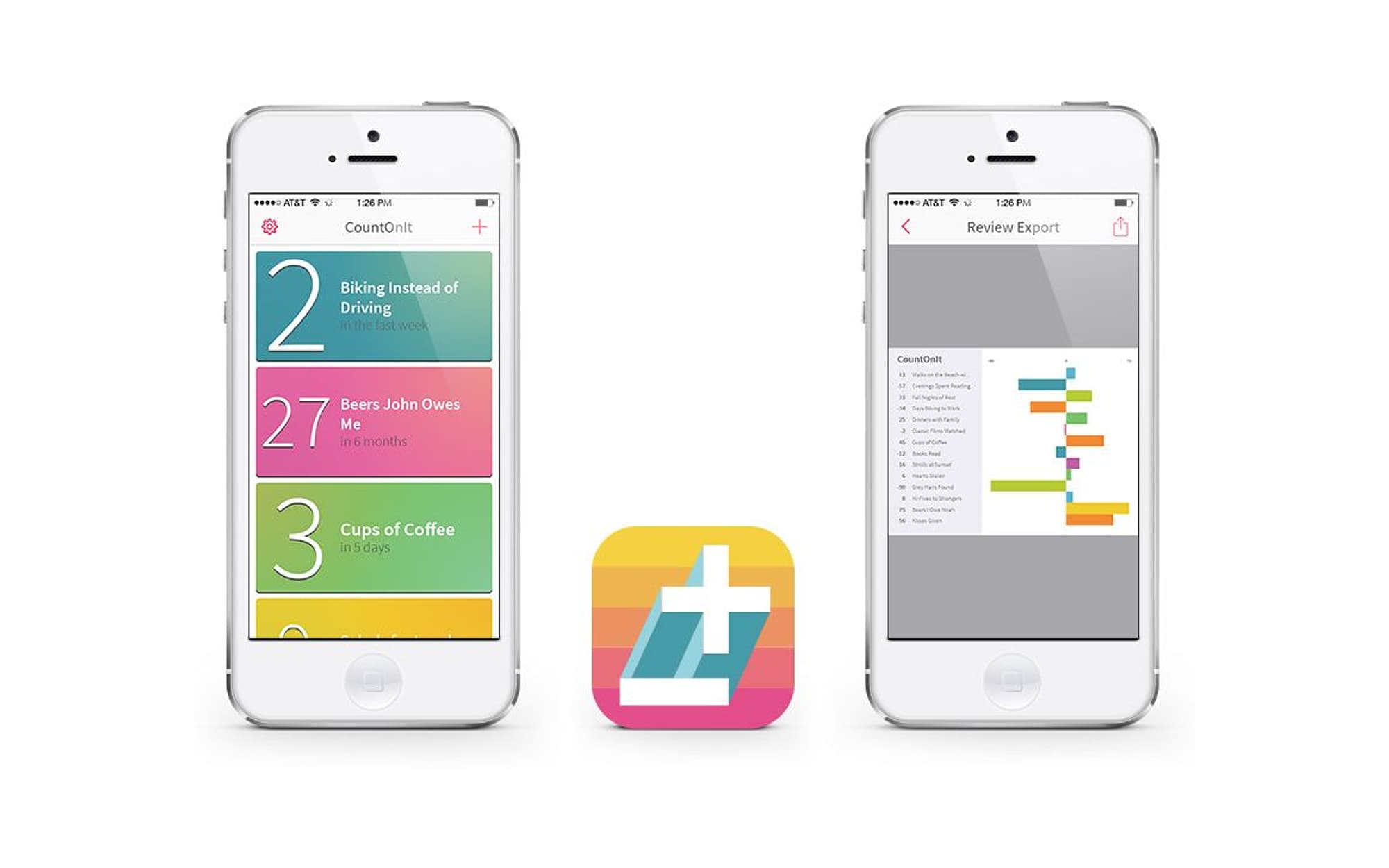 Two white iPhones either side of the CountOnIt icon, on white. One shows a stack of bright tally cards, the other a chart ready to export.