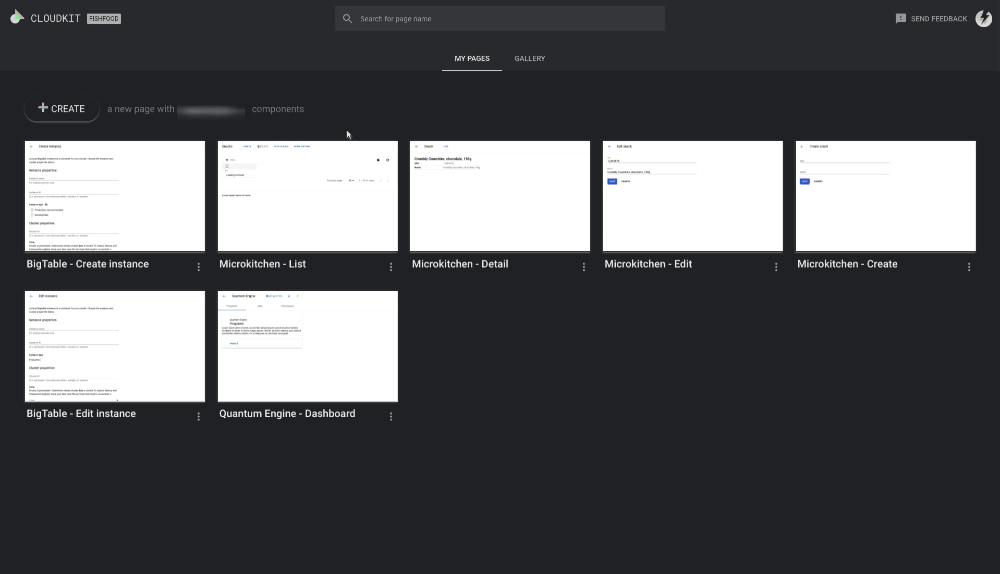 Google Codesign's home screen: a Create button above a grid of saved prototype pages.