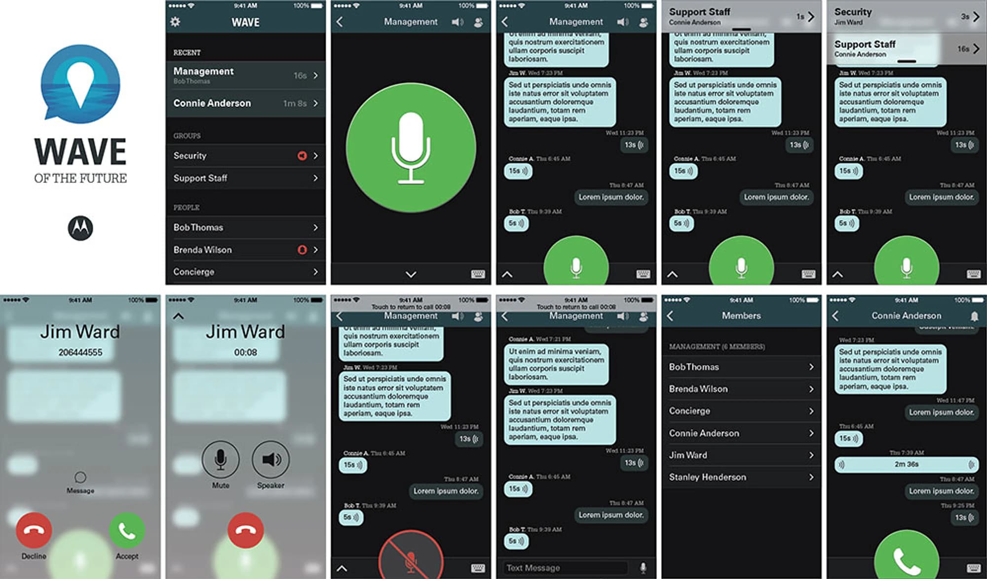 Eleven screens from the WAVE iOS app on a dark interface, beside the "WAVE of the future" logo. They show a list of channels and people, a large green push-to-talk button, a message thread with voice clips, an incoming call, and a channel member list.