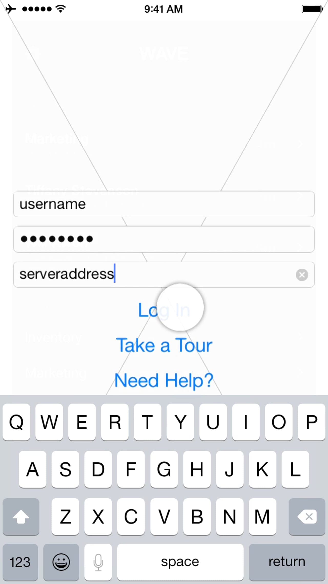 The WAVE login screen on an iPhone: fields for a username, a password and a server address above Log In, Take a Tour and Need Help, with the keyboard up.