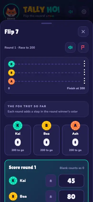 A round of Flip 7 being scored on a phone. Three players race along a track to the finish; the totals roll up, each gain floats above its player, and a banner for the next round sweeps in.