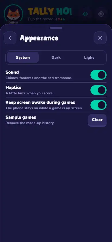 The Appearance settings on a phone. Tapping Light grows a cream circle from the tapped button until it fills the screen; tapping Dark grows the ink one back.