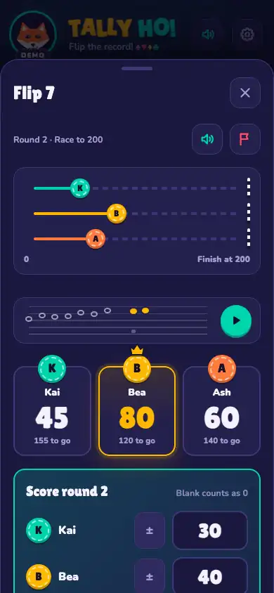The last round scored, then the victory: confetti in card suits falls over a crowned fox, the winner's name, and a podium. A sealed sticker pack is tapped open, and three stickers pop out.
